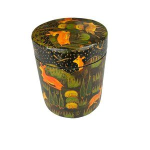 Vtg Paper Mache India Hand Painted Trinket Jewelry Box Deer Woodland Animals